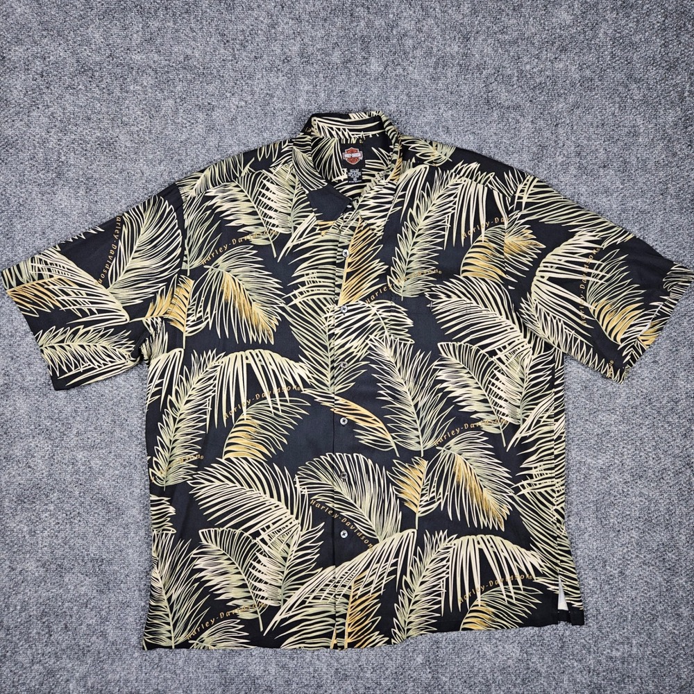 Harley Davidson Tori Richards Men 3XL Black Silk Palm Leaf Button Hawaiian Shirt